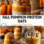 A jar of Pumpkin Overnight Oats Healthy Protein layered with pumpkin puree and oats on a rustic table. 2026